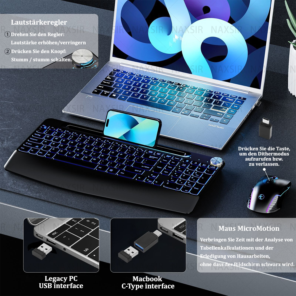 Tastatur mit Laptop und Telefon. Tastatur hat blau beleuchtete Tasten, USB-Schnittstellen sind gezeigt. Maus ist sichtbar.
