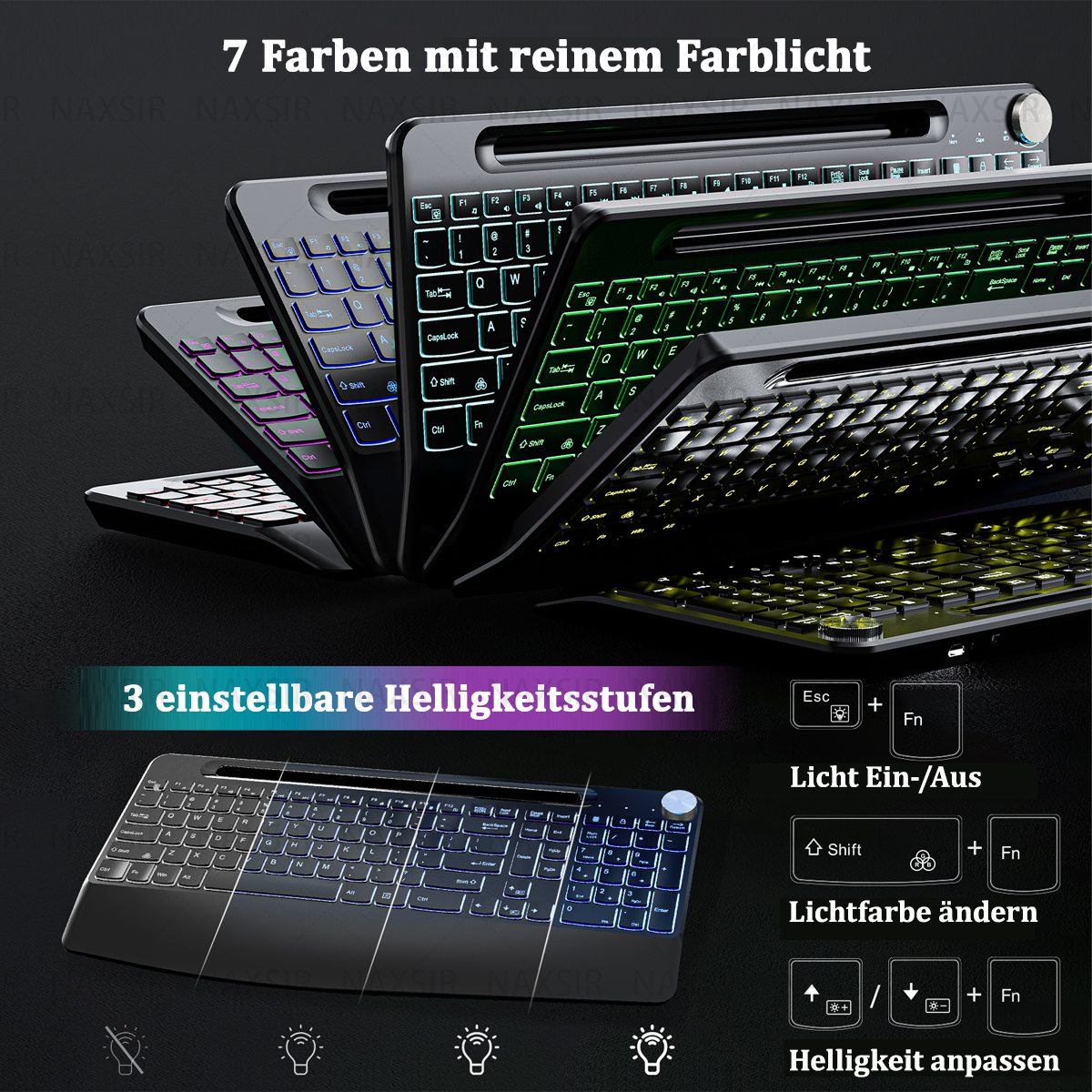 Mehrere Tastaturen mit bunten, hintergrundbeleuchteten Tasten werden angezeigt. Text oben sagt '7 Farben mit reinem Licht'.
