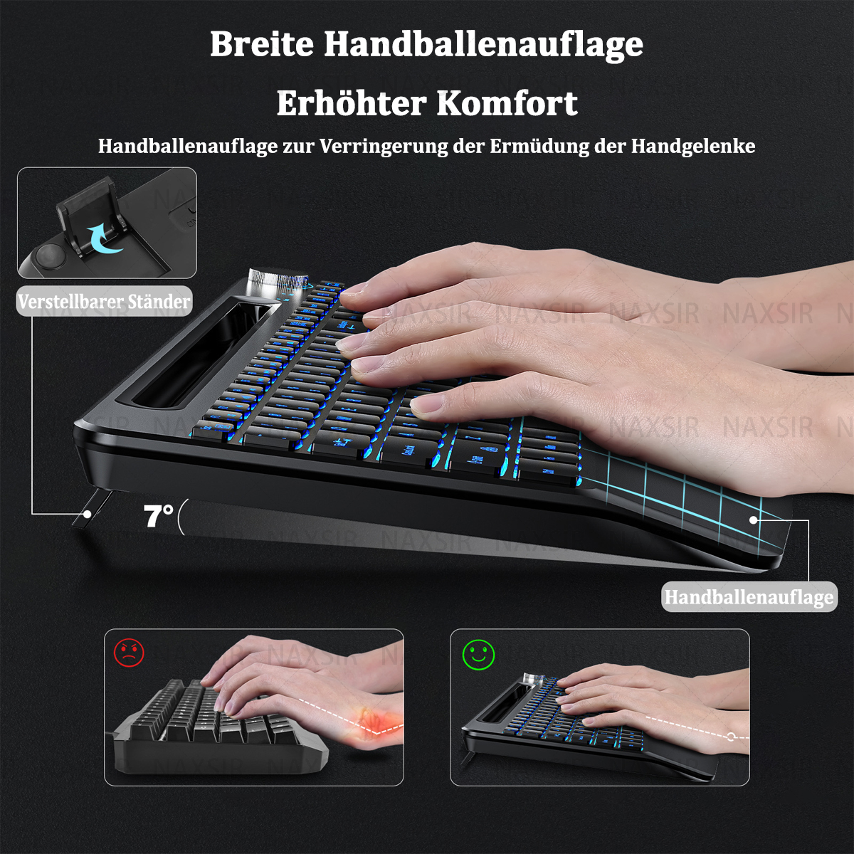 Tastatur für Komfort abgewinkelt. Nahaufnahmen zeigen Handgelenkposition, korrekte Haltung ist grün, inkorrekt ist rot.