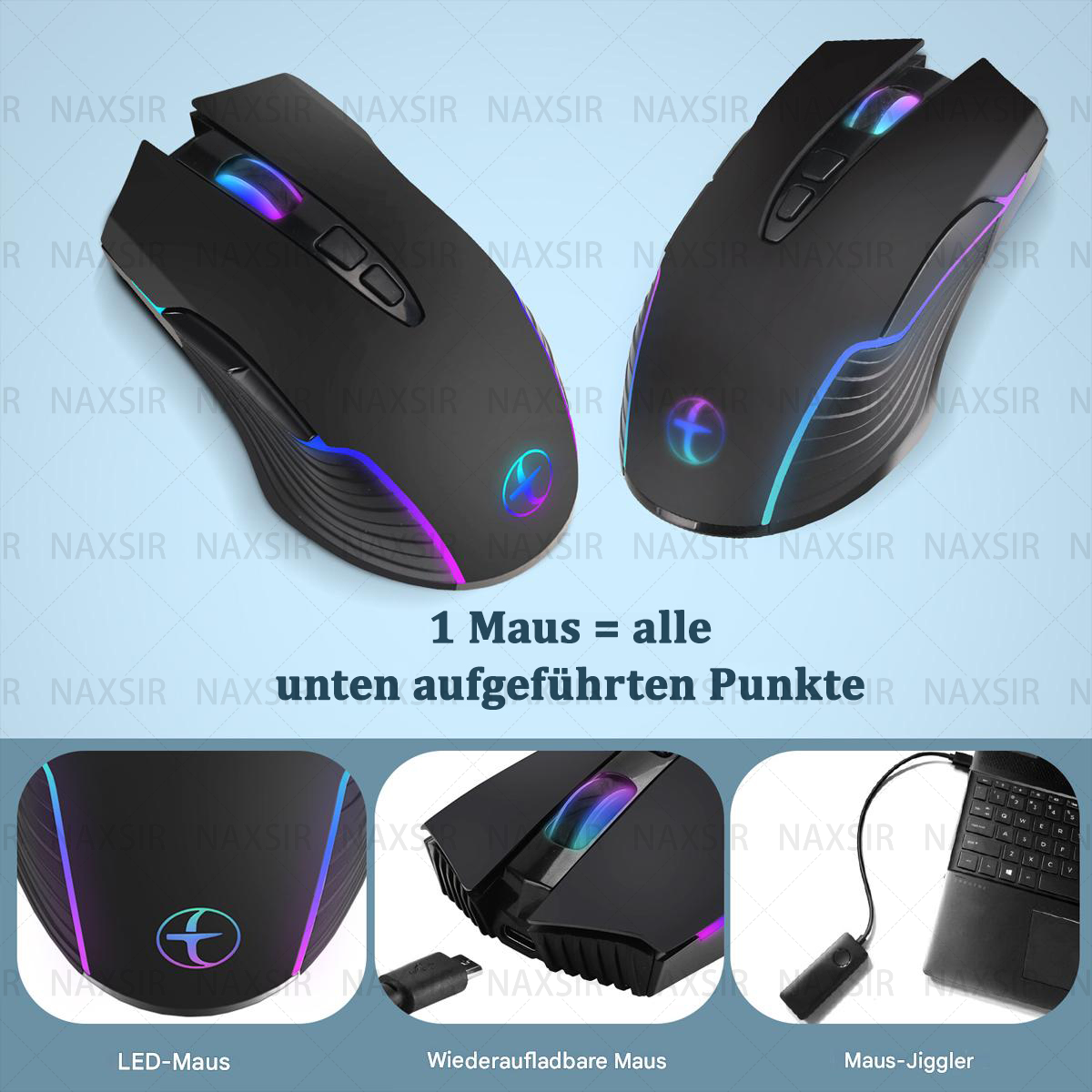 Mehrere schwarze Mäuse mit farbigen Lichtern. Einige sind kabellos und wiederaufladbar. USB-Dongle ist gezeigt.