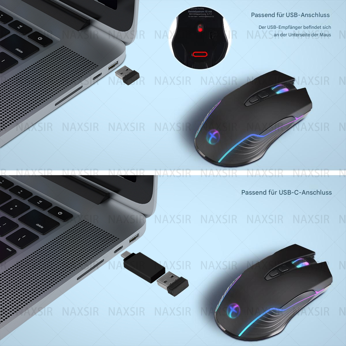Zwei Bilder einer kabellosen Maus mit USB- und USB-C-Adapter, die verschiedene Verbindungsmethoden zeigen.