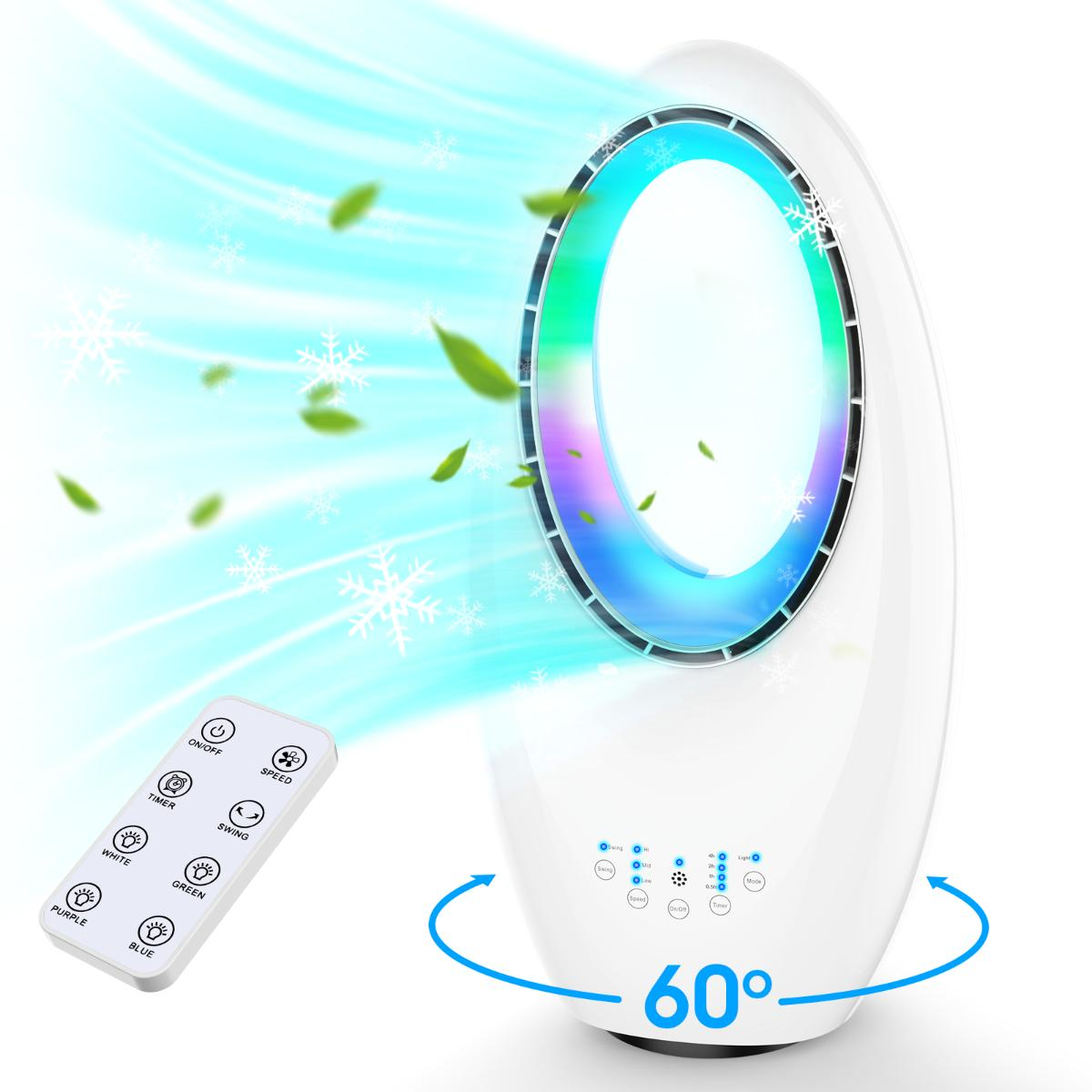 Ein weißer Turmventilator mit farbigem Lichtring. Eine Fernbedienung liegt davor.