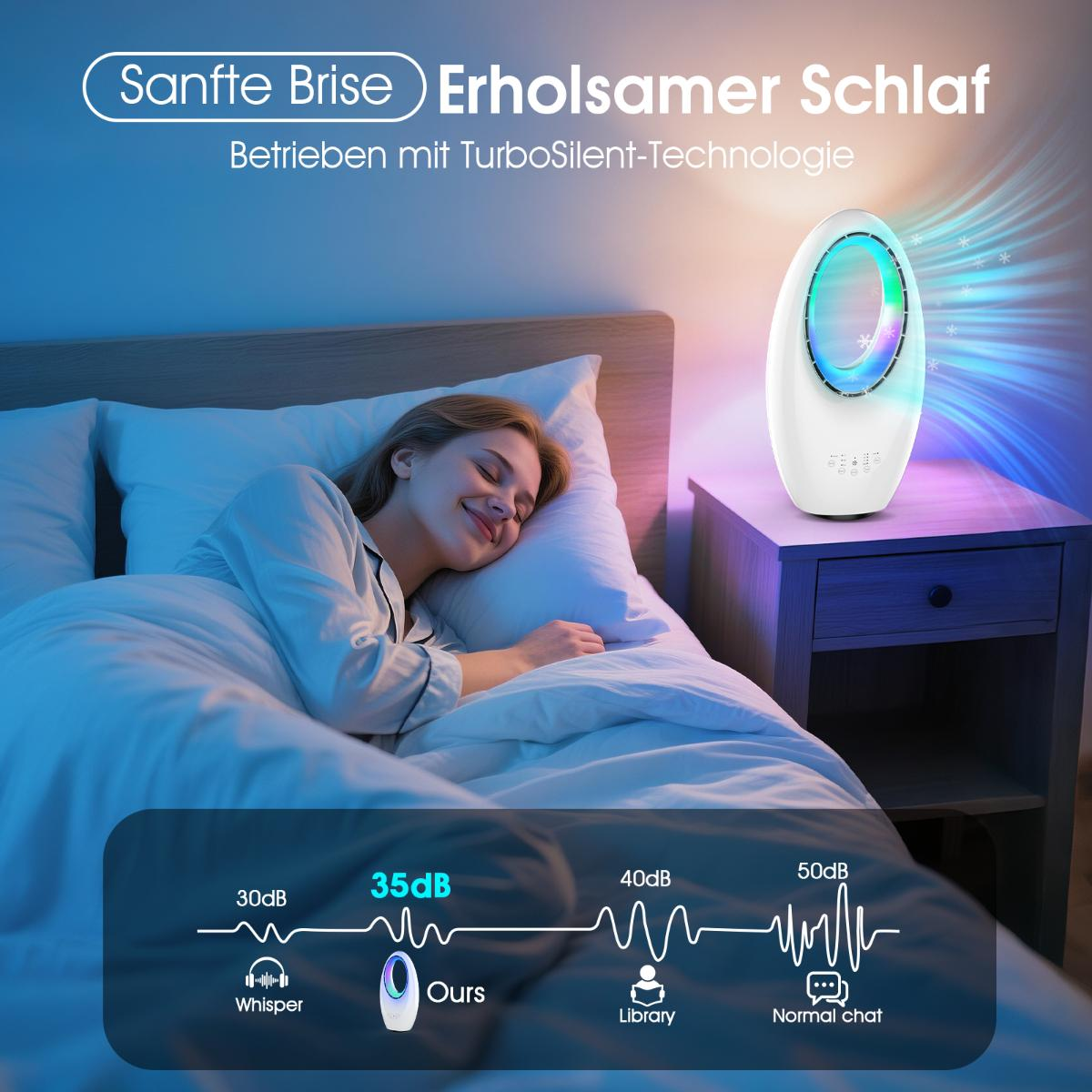 Schlafende Frau im Bett, weiße Maschine auf Nachttisch, Text.