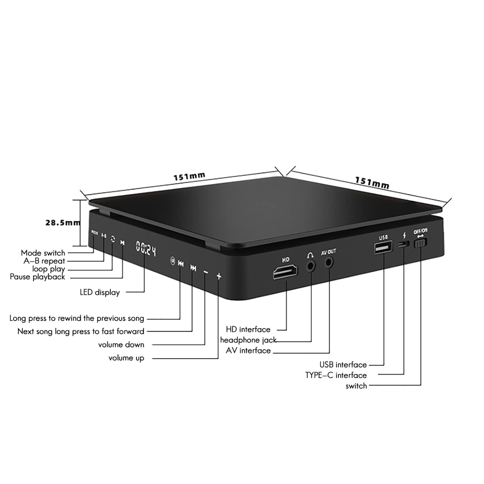 Schwarzer Mediaplayer mit beschrifteten Funktionen: LED-Anzeige, Tasten, Anschlüsse und Abmessungen in einem Diagramm.