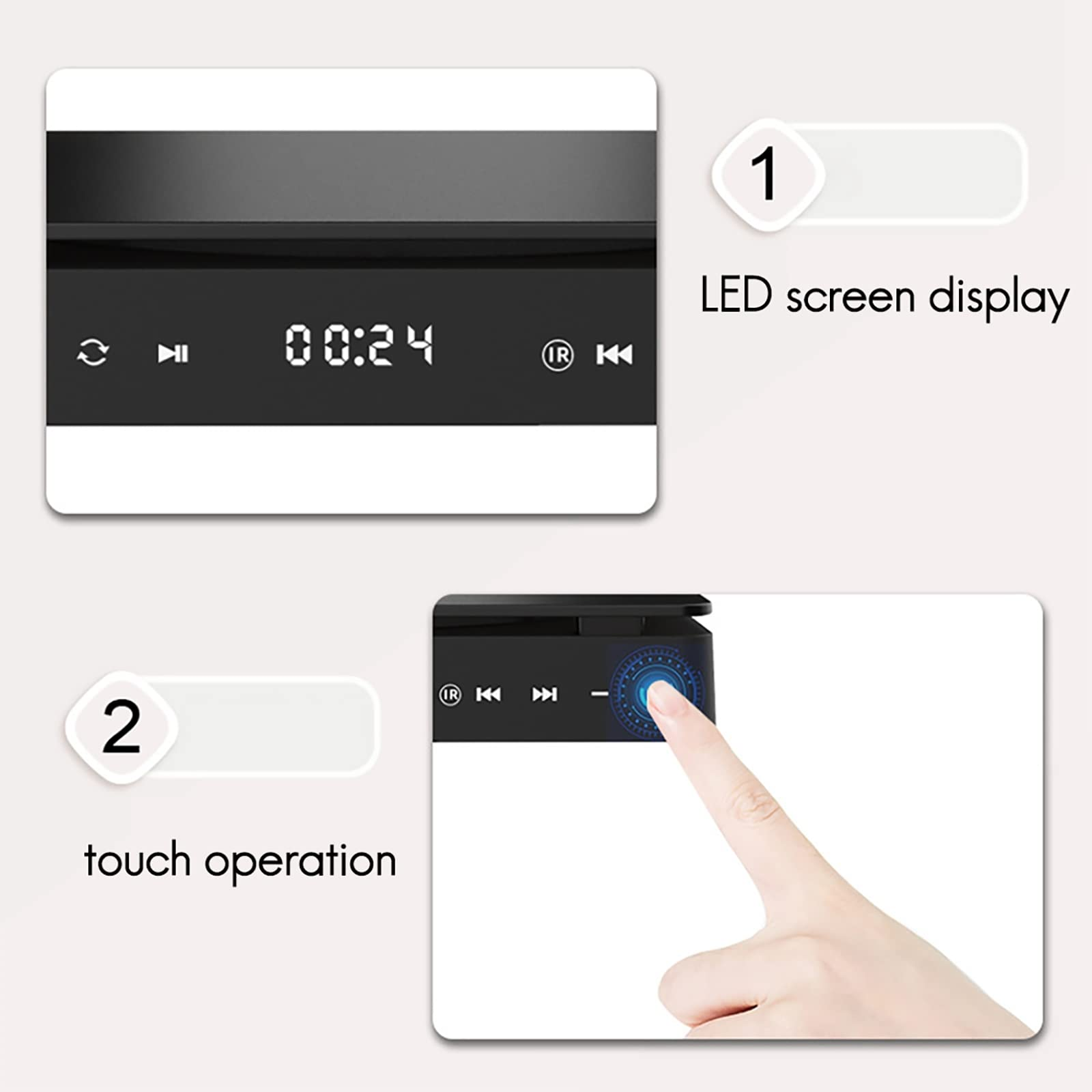 Zwei Bilder zeigen einen schwarzen Mediaplayer mit Display. Eins für LED-Bildschirm, eins für Touch-Bedienung.