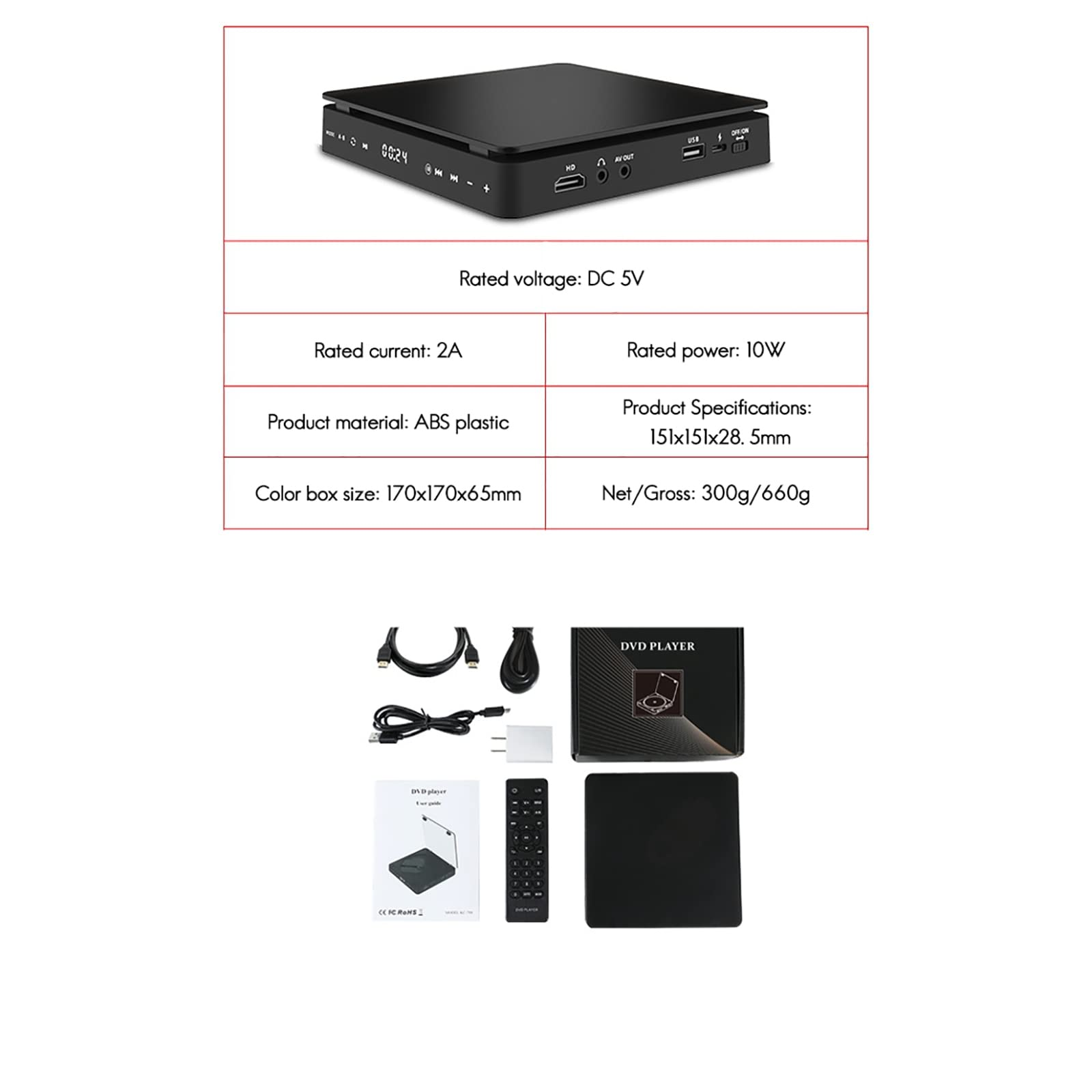 DVD-Player mit Spezifikationen und Zubehör: HDMI, AV, USB-Anschlüsse, Fernbedienung und Kabel.