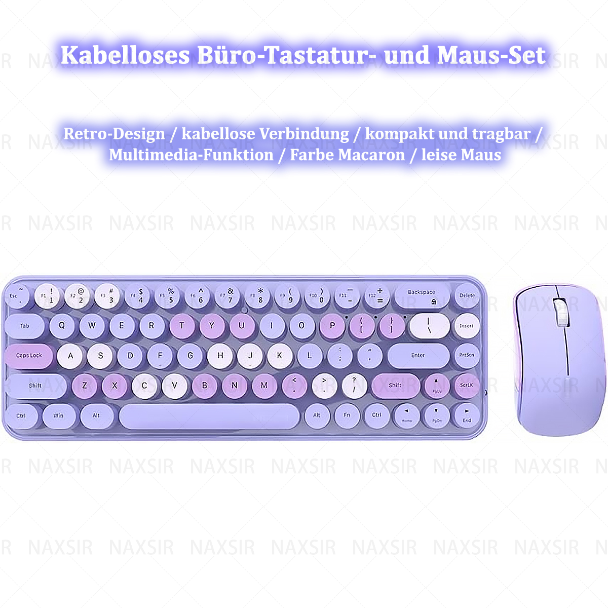 Kabelloses Tastatur- und Maus-Set. Die Tastatur ist lila und hat runde Tasten.