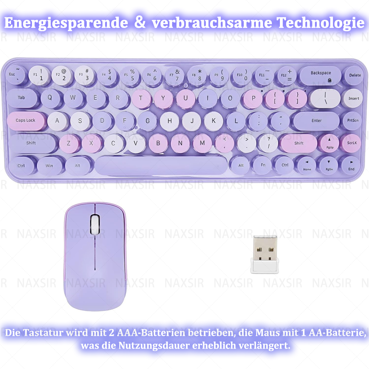 Lila Tastatur und Maus mit USB-Empfänger. Die Tastatur hat runde Tasten.