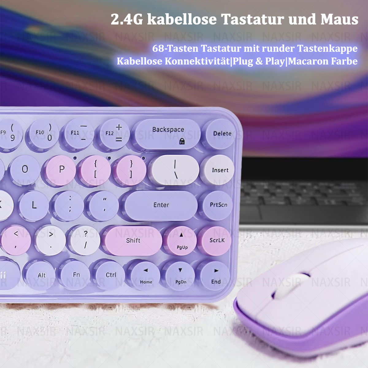Eine Tastatur und eine Maus mit lila und weißem Design. Die Tastatur hat runde Tasten.