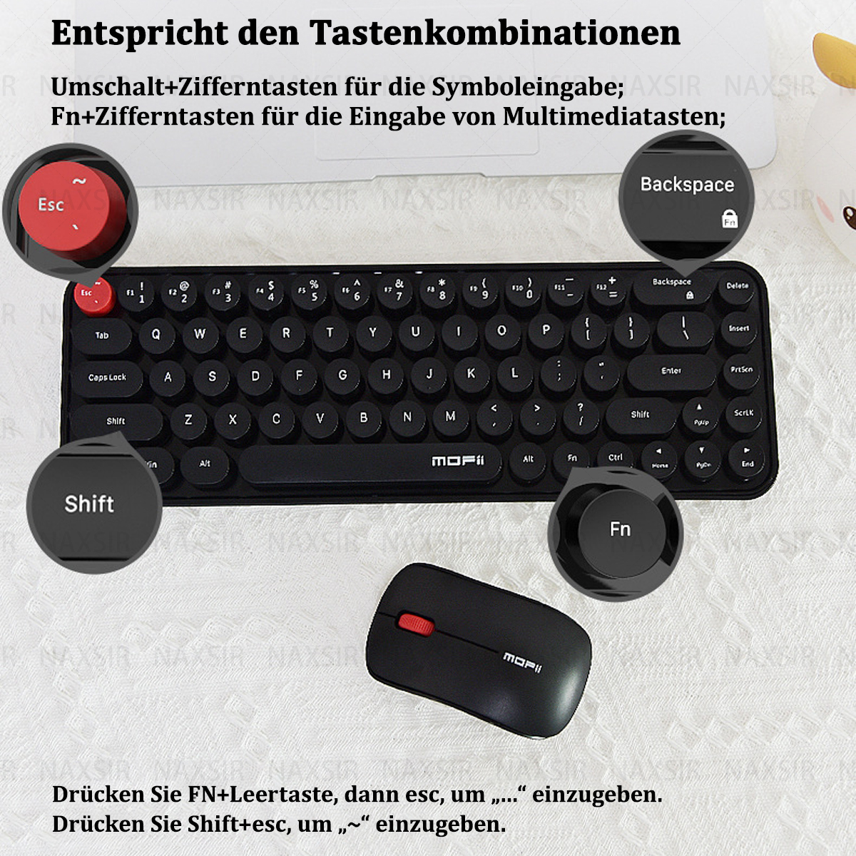Schwarzes Tastatur- und Maus-Set. Die Tastatur hat beschriftete Tasten.