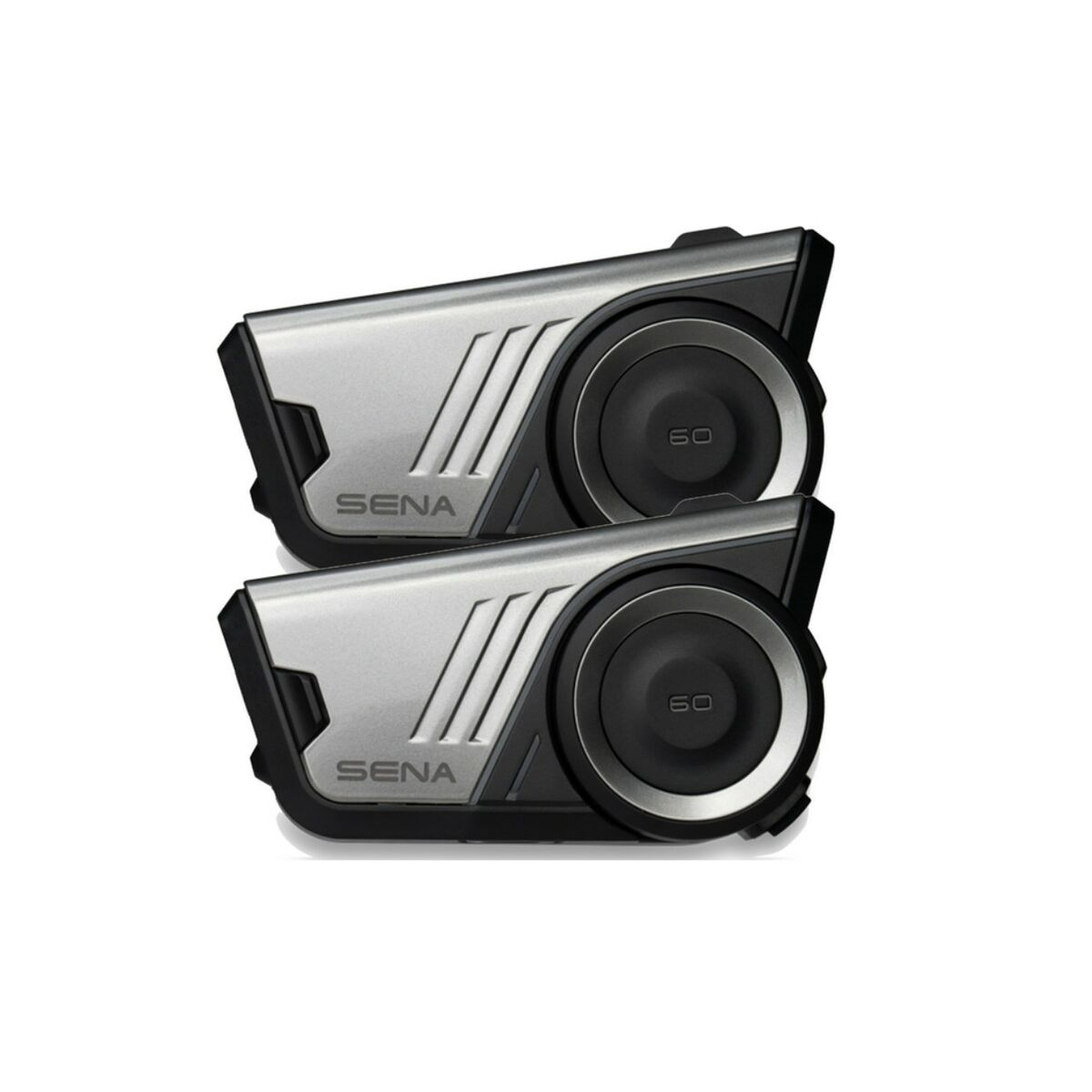 Dwa czarno-srebrne urządzenia komunikacyjne Sena. Białe tło.