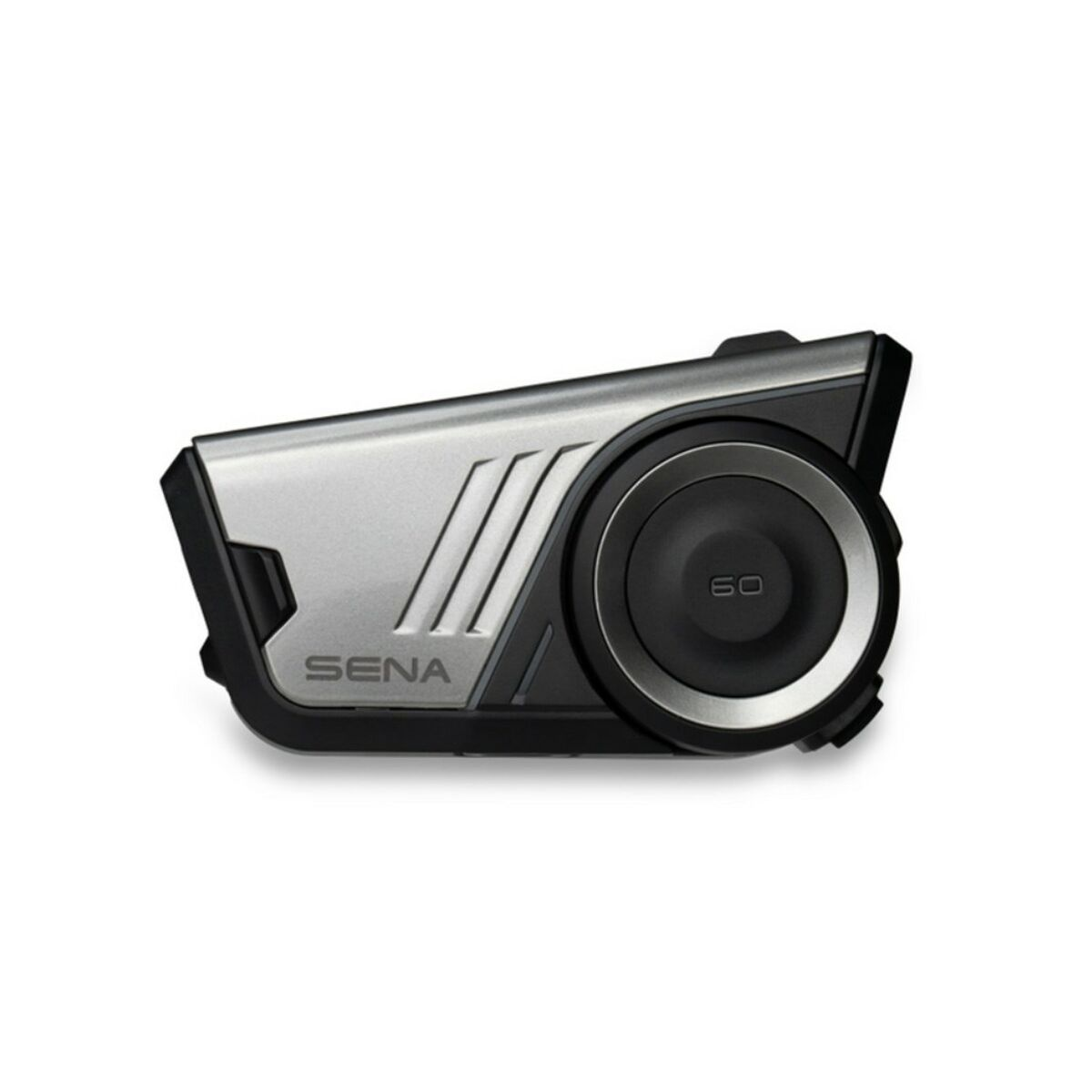 Czarno-srebrne urządzenie komunikacyjne Sena. Ma duży przycisk sterowania z boku i logo Sena.