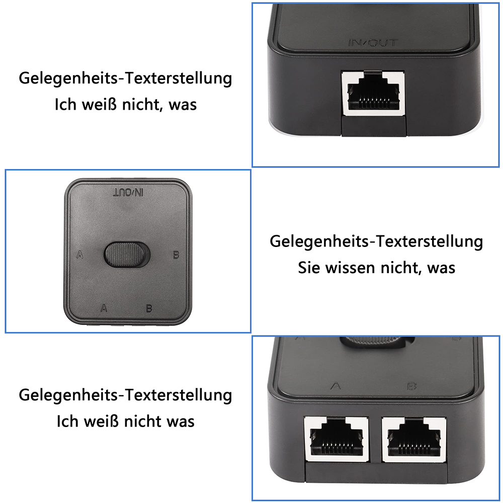 Drei schwarze Netzwerk-Switches. Jeder hat einen IN/OUT-Anschluss. Der Switch hat einen A/B-Wahlschalter.