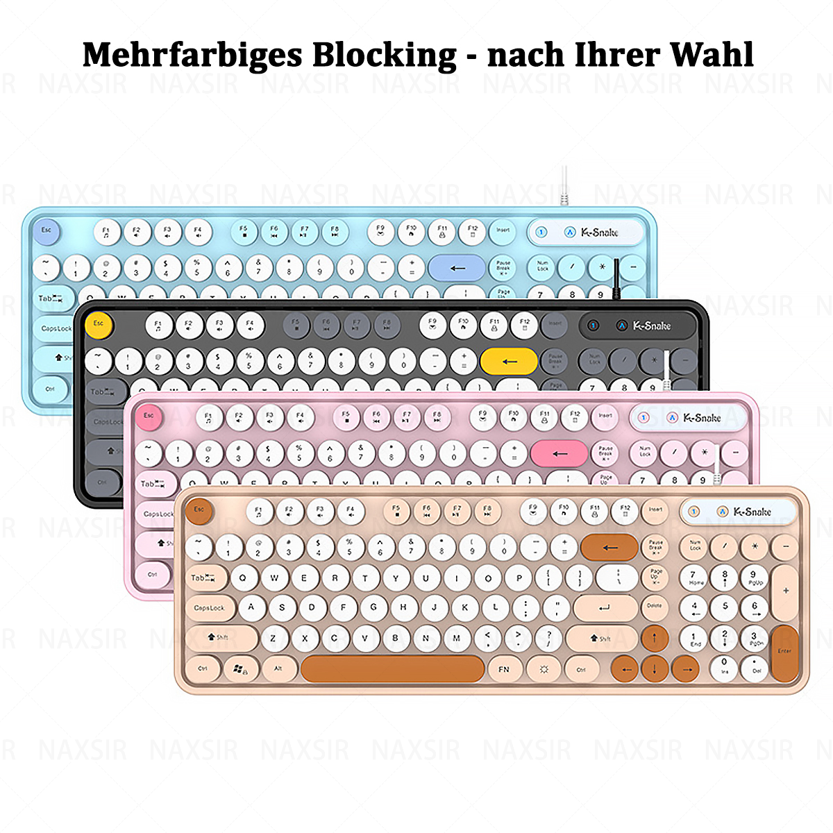 Vier Tastaturen in verschiedenen Farben. Die Tastaturen sind blau, schwarz, rosa und beige.