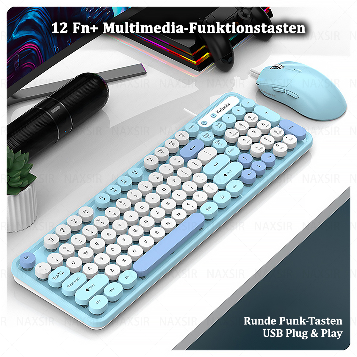 Eine blaue Tastatur und Maus auf einem weißen Schreibtisch mit einem Lautsprecher im Hintergrund.