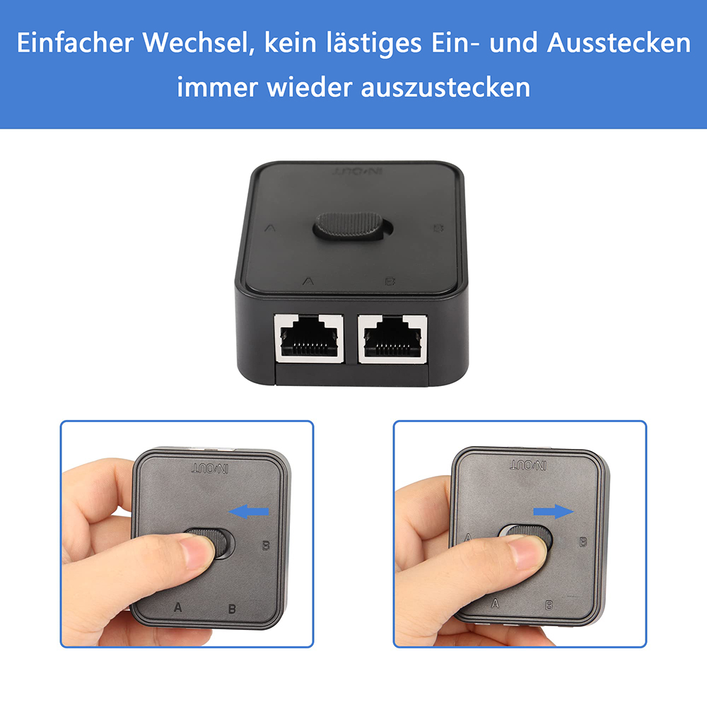 Ein schwarzer Netzwerk-Switch mit zwei RJ45-Anschlüssen und einer Umschalttaste, mit Anweisungen.