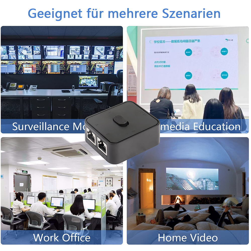 Ein schwarzer Schalter in verschiedenen Szenarien. Beispiele sind Überwachung, Bildung, Büro und Heimvideo.