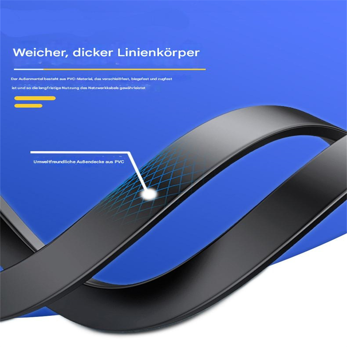 Nahaufnahme eines schwarzen Ethernet-Kabels. Das Kabel ist gebogen, Text weist auf Material und Eigenschaften hin.