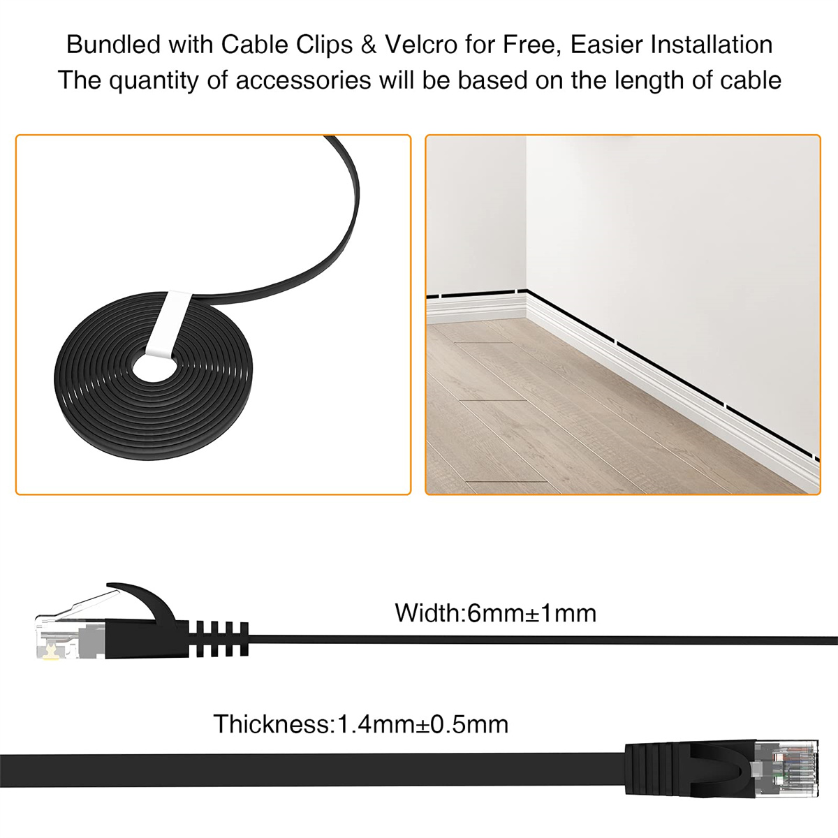 Ein schwarzes Ethernet-Kabel und Kabelclips. Das Kabel ist flach. Abmessungen: 6mm breit und 1,4mm dick.