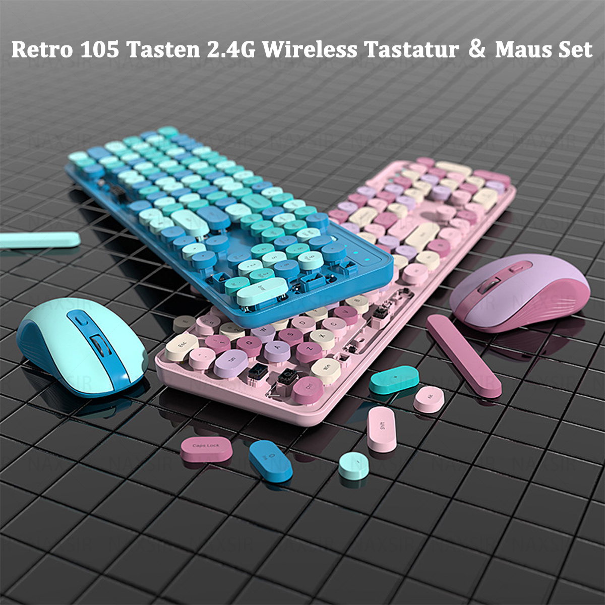 Ein Tastatur- und Maus-Set im Retro-Stil in Blau und Rosa mit bunten Tastenkappen.