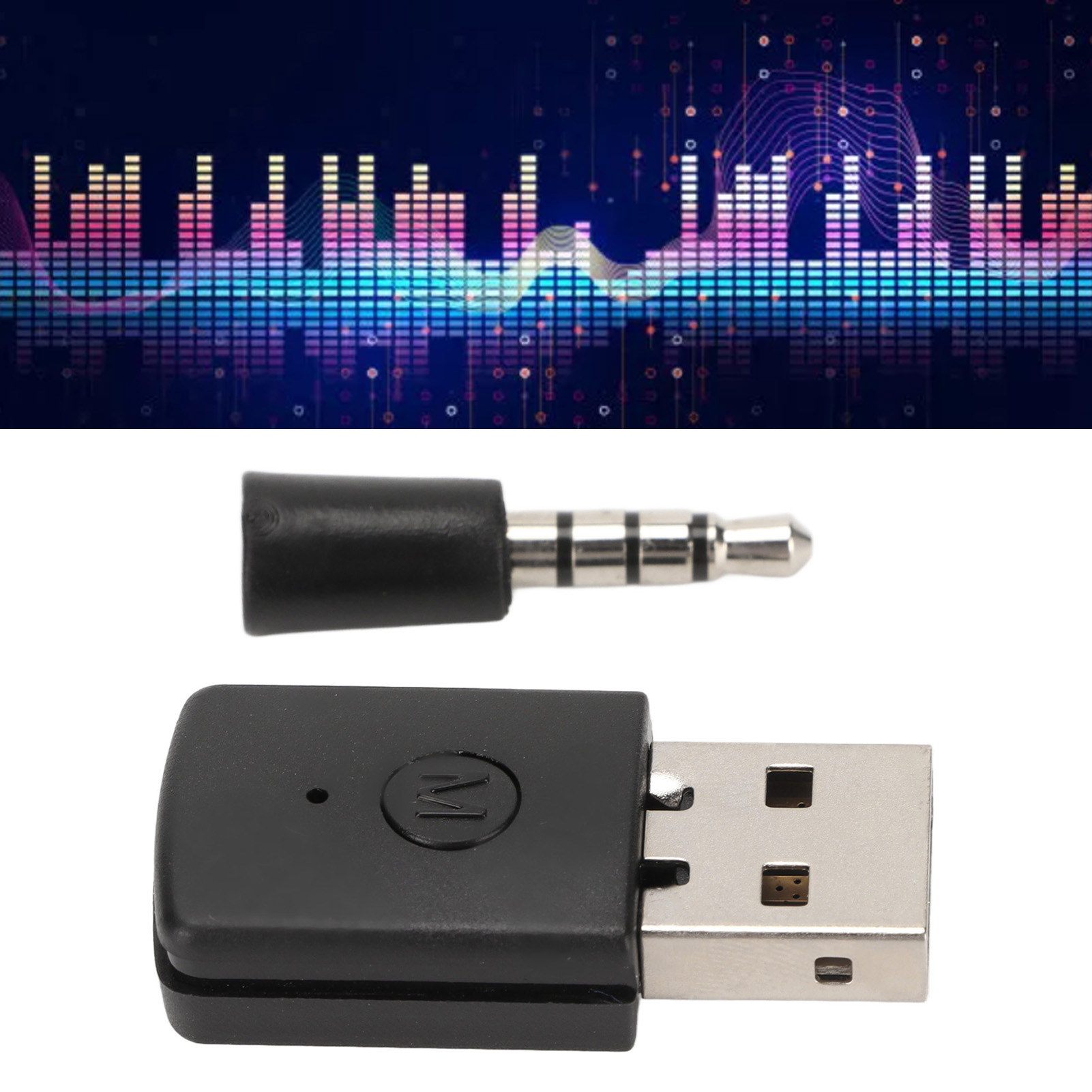 Ein USB-zu-Audio-Adapter. Es hat einen schwarzen Körper mit einem USB-Anschluss an einem Ende und einer 3,5-mm-Buchse am anderen.