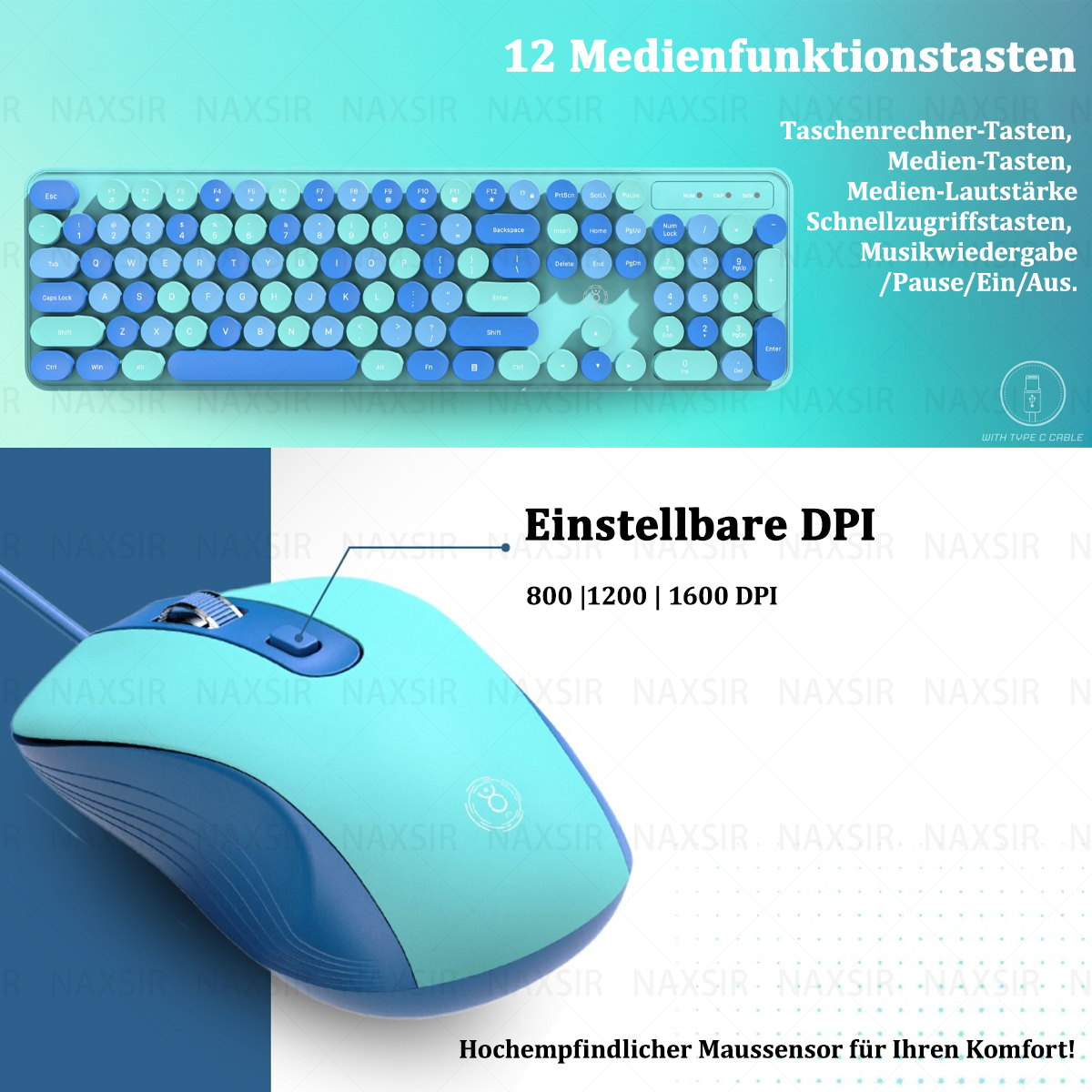Eine blau-grüne Tastatur und Maus. Oben im Bild befinden sich mehrere Texte.