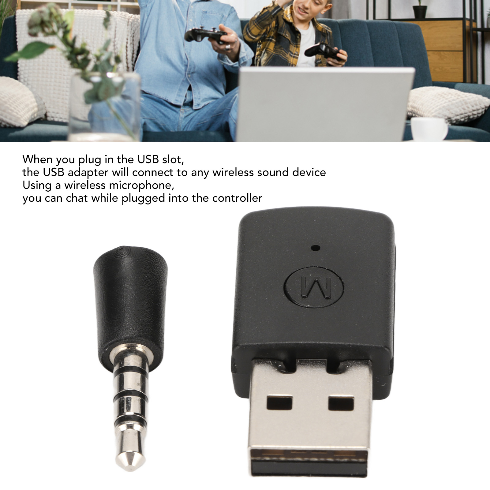 Ein USB-Adapter mit Mikrofonanschluss und USB-Anschluss neben einem Controller.