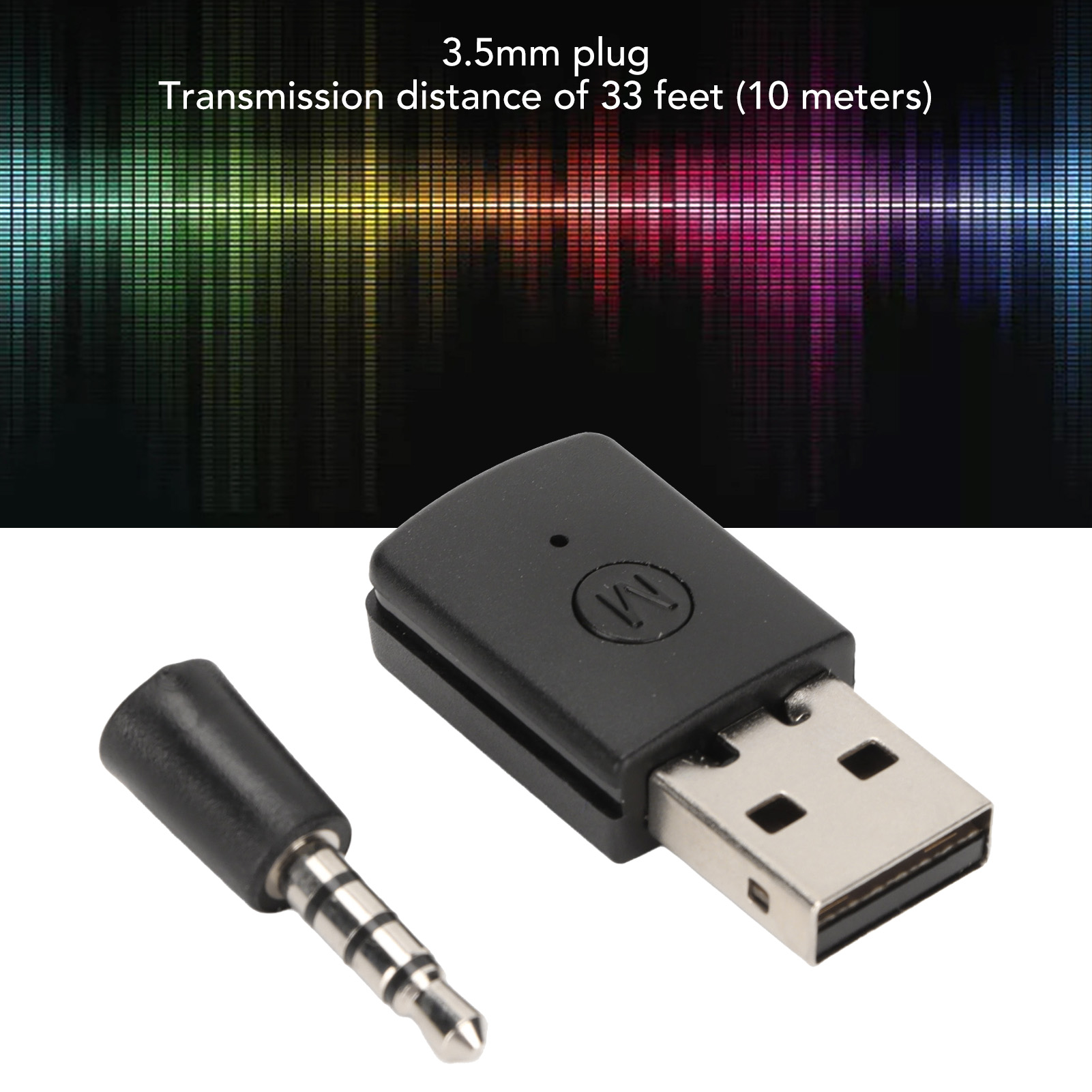 Ein 3,5-mm-Stecker und ein USB-Empfänger. Der Hintergrund hat ein Farbspektrum.