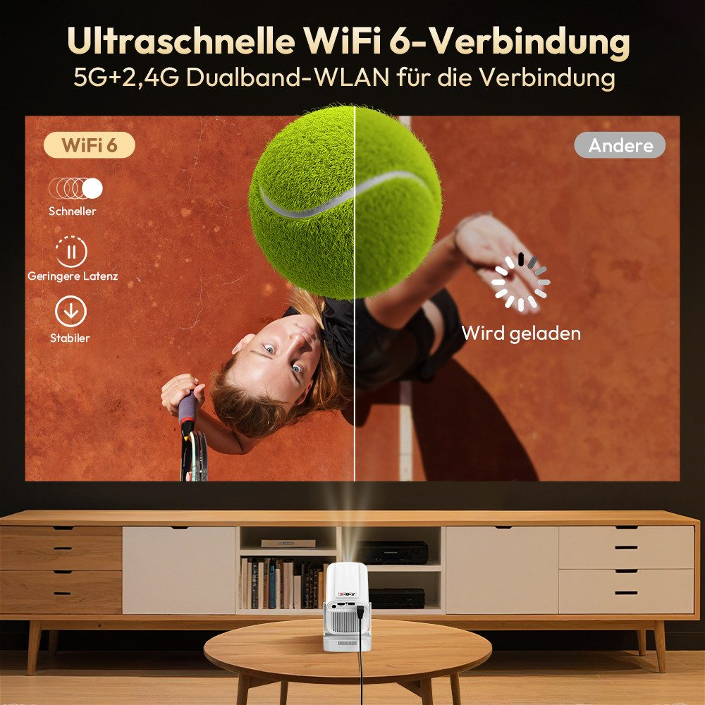 Ein weißer Projektor mit einem Tennisball und einer Frau beim Tennis. Der Hintergrund ist ein Fernsehbildschirm.