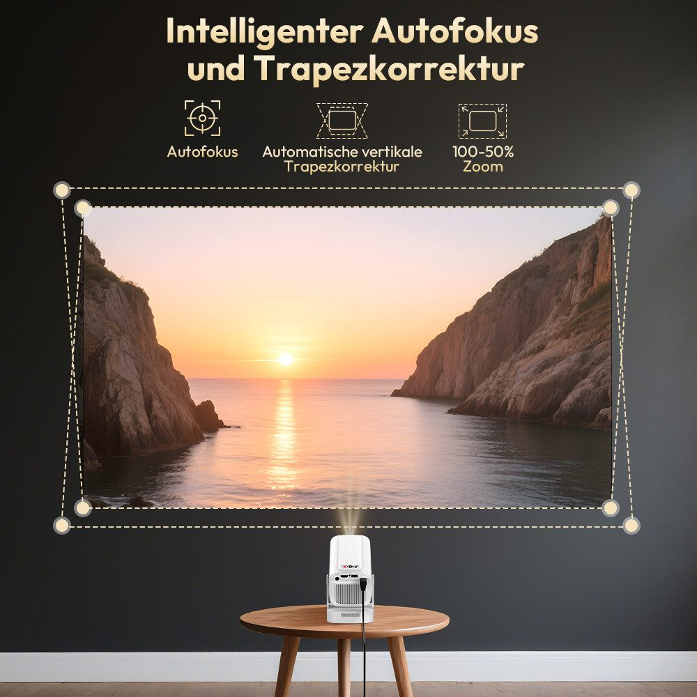 Ein Projektor auf einem Tisch projiziert ein Bild eines Sonnenuntergangs über einem Bergsee auf eine Wand.