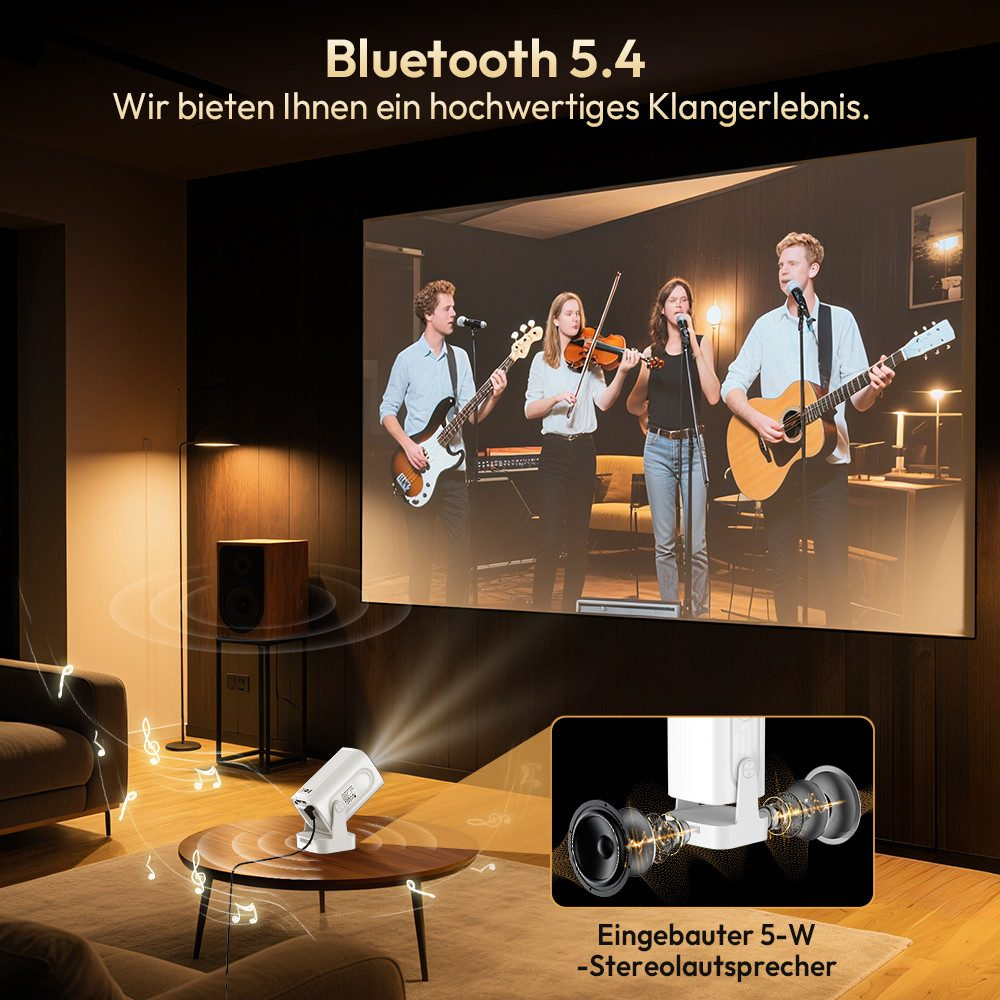 Raum mit Projektionsleinwand, auf der eine Band spielt, mit Lautsprechern.