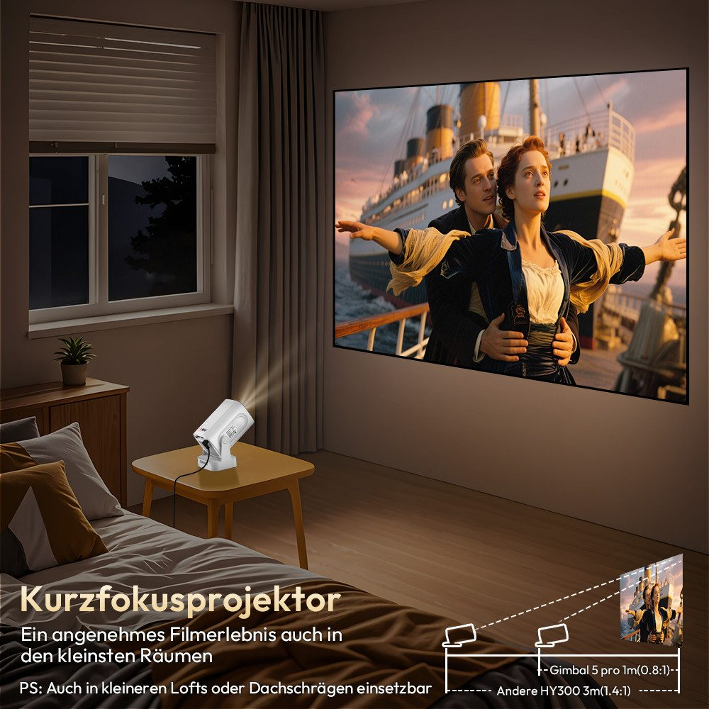 Ein Wohnzimmer mit einem Projektor und einer Leinwand. Ein Paar wird auf der Leinwand gezeigt.