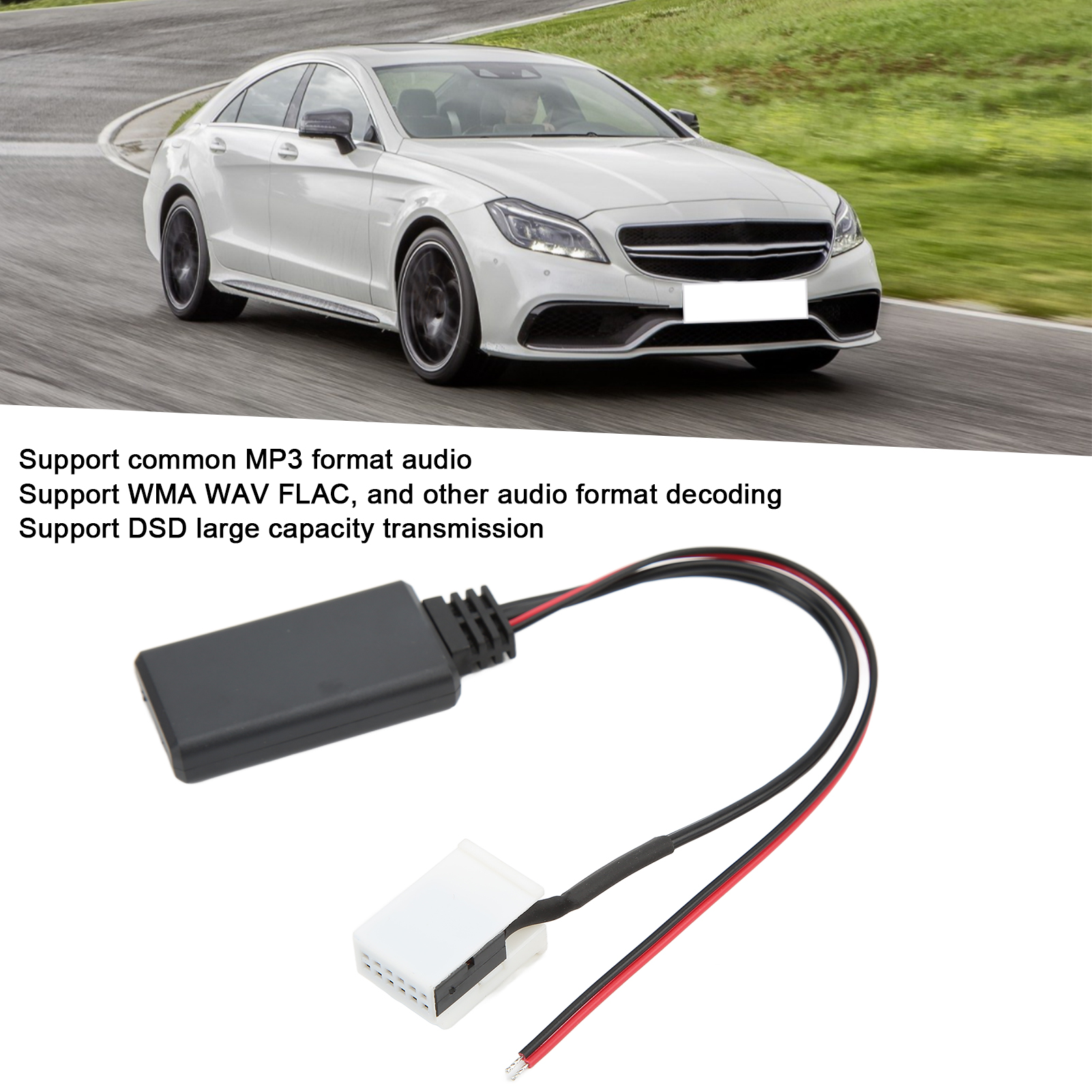 Auto-Audioadapter mit schwarzen Kabeln und einem Anschluss. Ein Auto ist im Hintergrund.