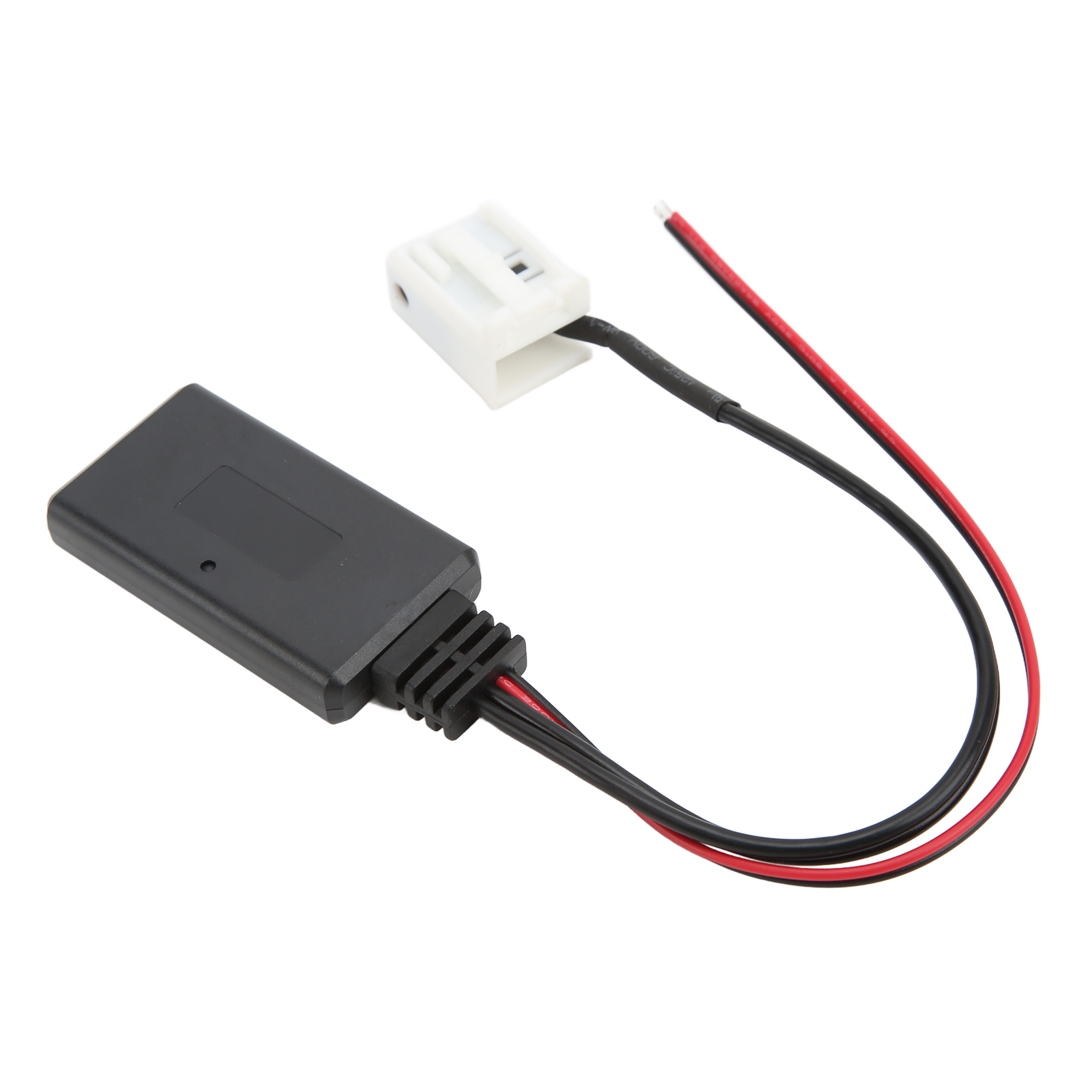 Schwarzer Bluetooth-Empfänger mit weißem Stecker und rot/schwarzen Drähten.