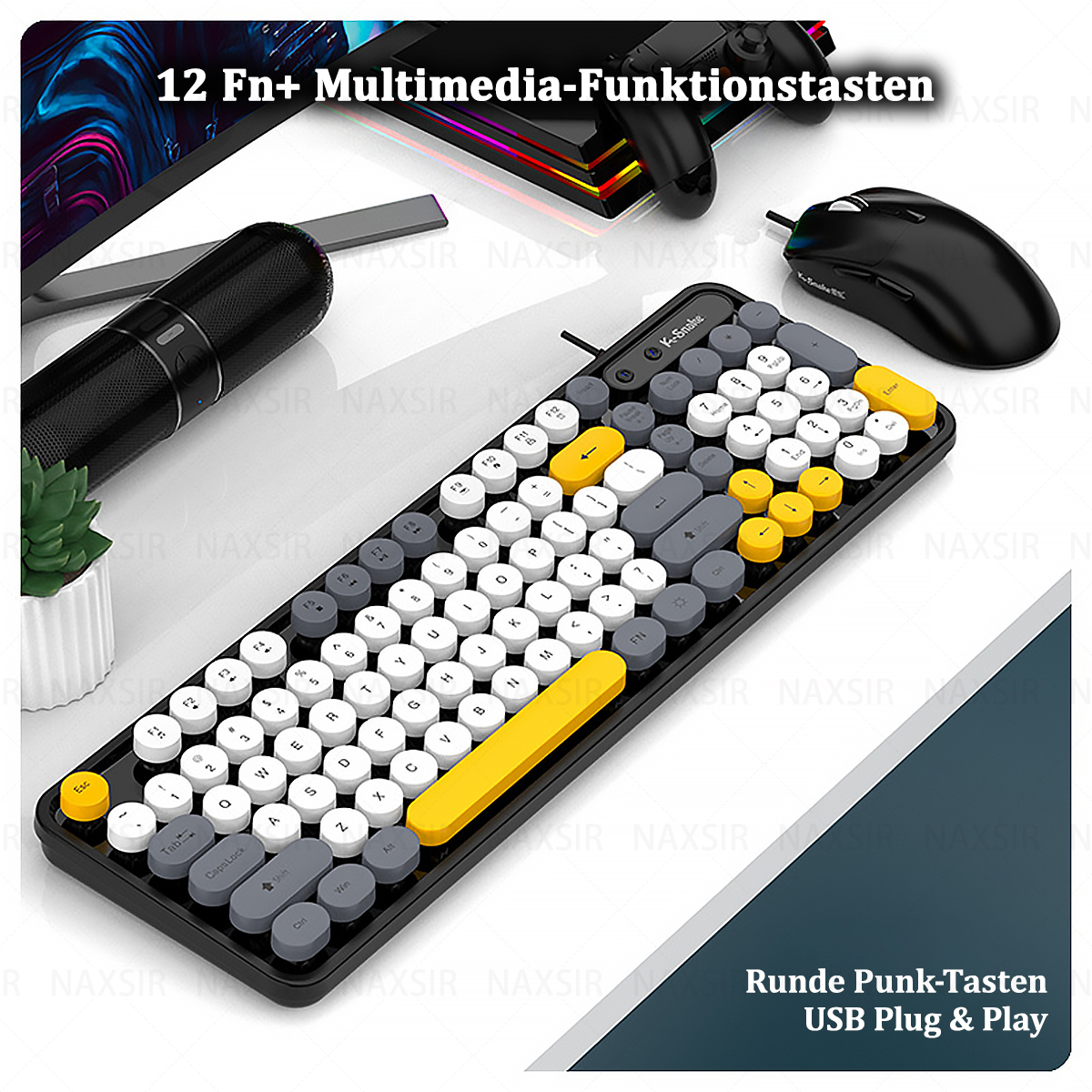 Eine schwarz-gelbe Tastatur mit runden Tasten und eine Maus auf weißer Oberfläche.