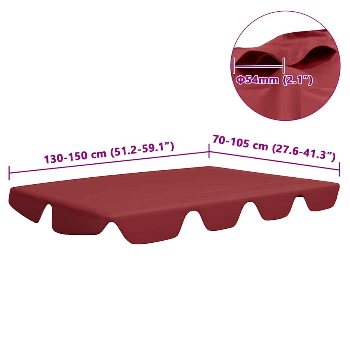 Tenda da sole rossa, con dimensioni: 130-150 cm, 70-105 cm e diametro di 54 mm. Il contorno ha un bordo ondulato.