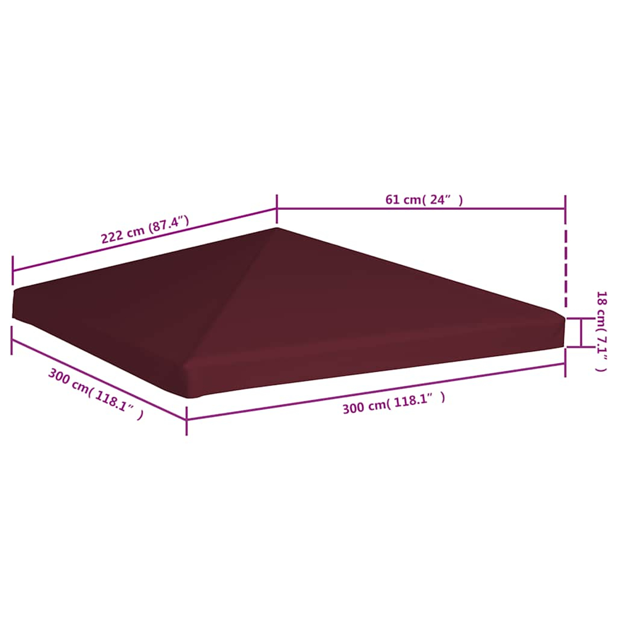Un tetto a baldacchino quadrato bordeaux con dimensioni etichettate in cm e pollici.