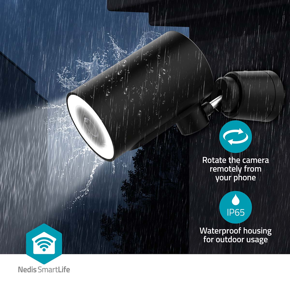 Een zwarte beveiligingscamera voor buiten in de regen. Het heeft pictogrammen voor afstandsbediening en waterdichte functies.