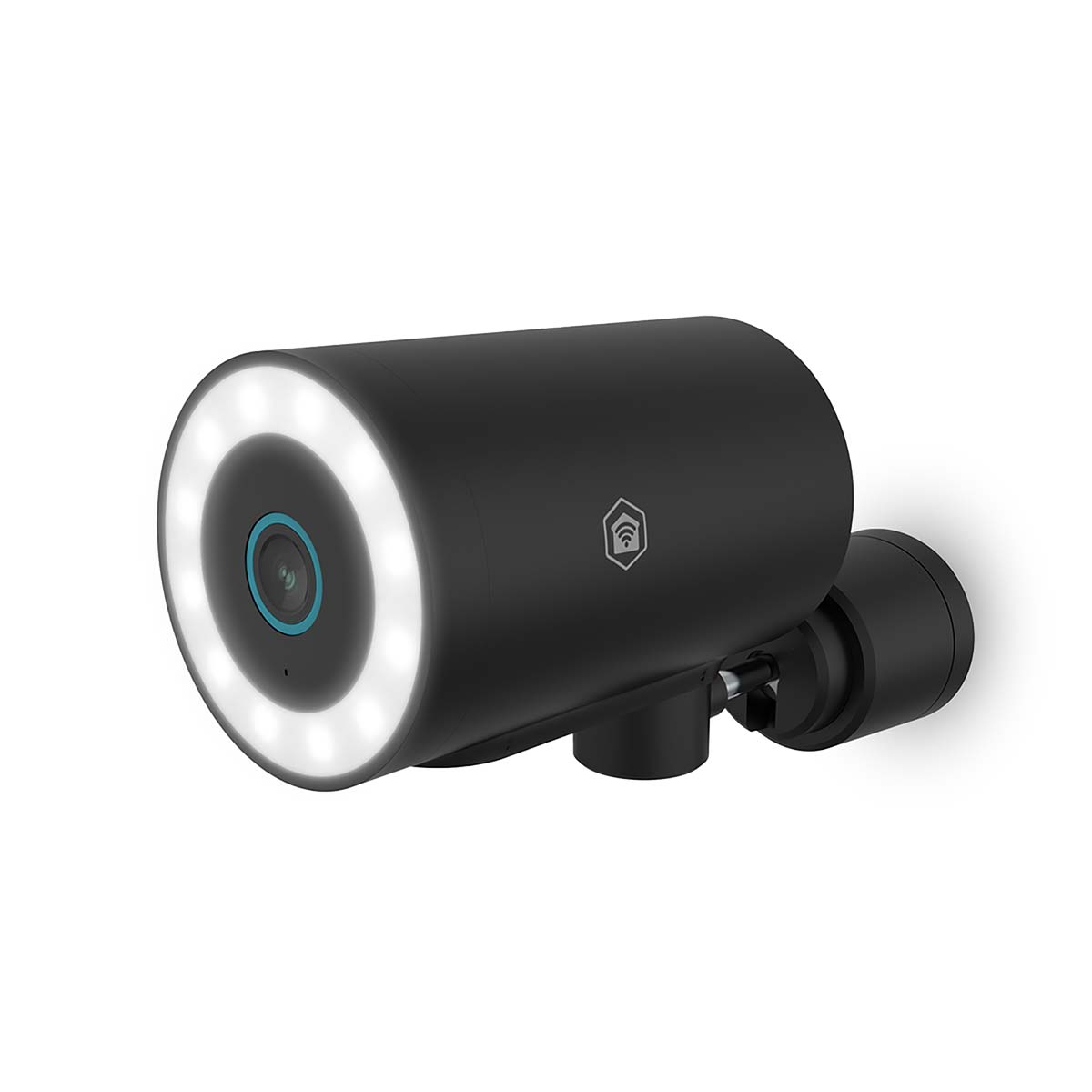 Een zwarte beveiligingscamera met een witte LED-ring en een lens, gemonteerd op een witte muur.