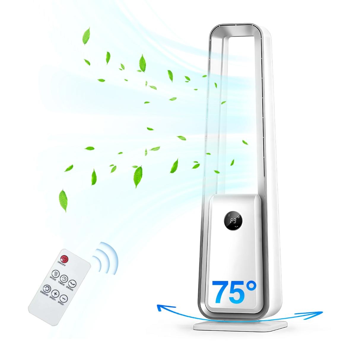 Weißer Turmventilator mit Fernbedienung, Temperatur 75 Grad. Grüne Blätter wehen nach links.