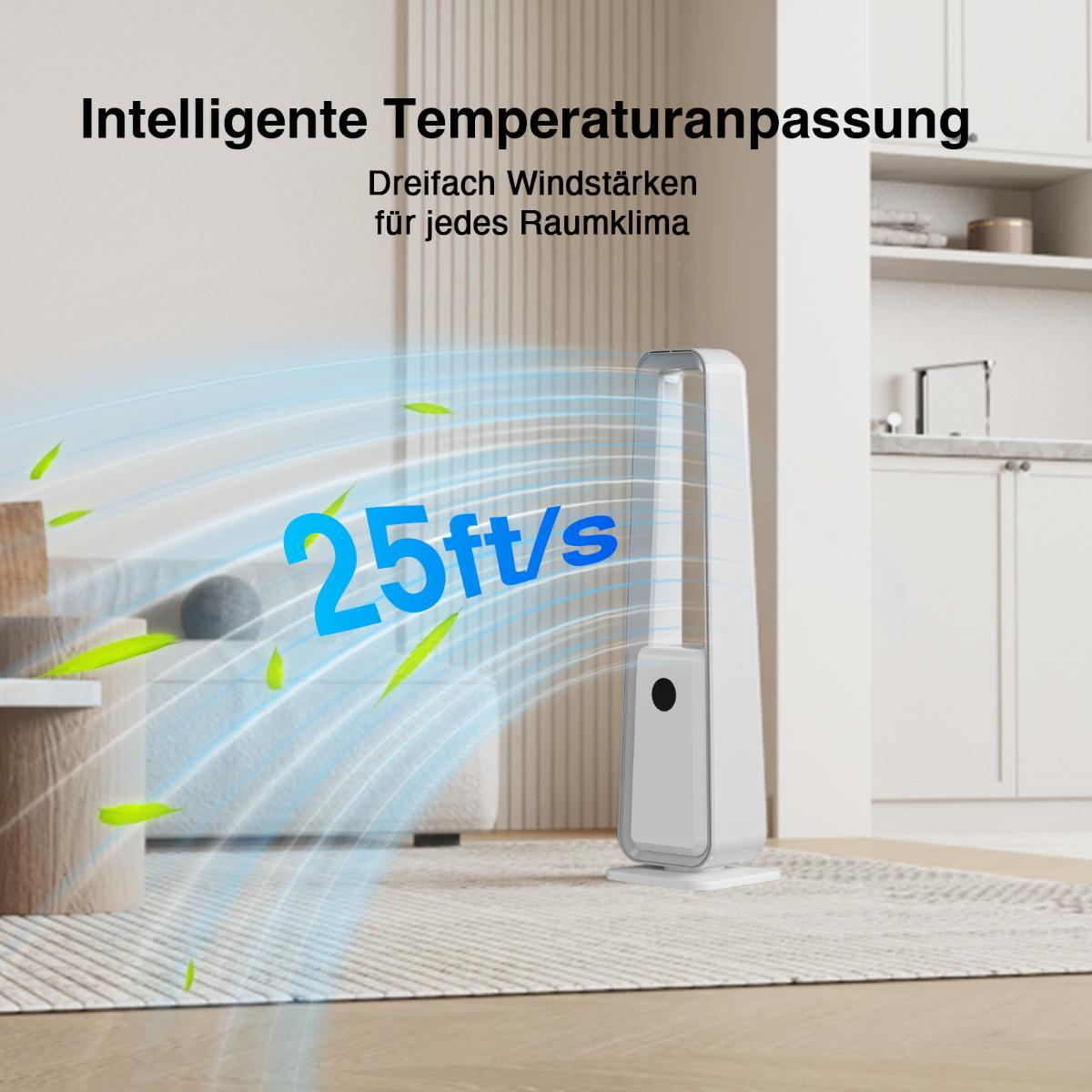 Ein weißer Turmventilator mit dem Text '25 ft/s'. Im Hintergrund ein Wohnzimmer.
