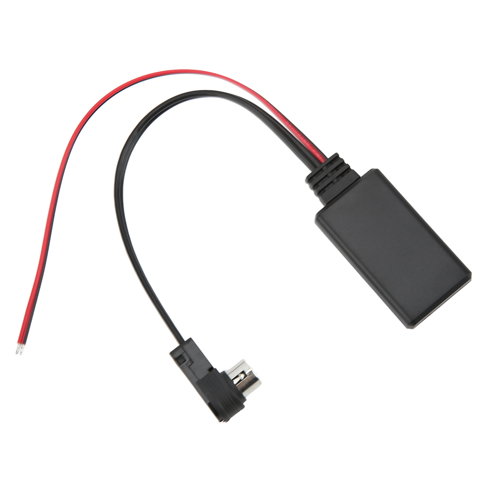 Schwarzer Bluetooth-Adapter mit roten und schwarzen Drähten. Weißer Hintergrund.