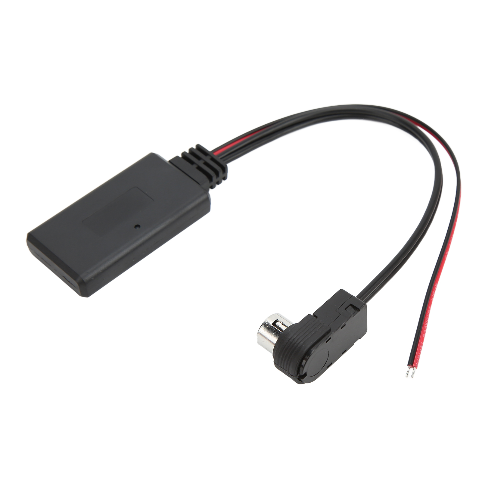 Ein schwarzer Bluetooth-Adapter mit einem schwarzen Anschluss und roten und schwarzen Drähten.