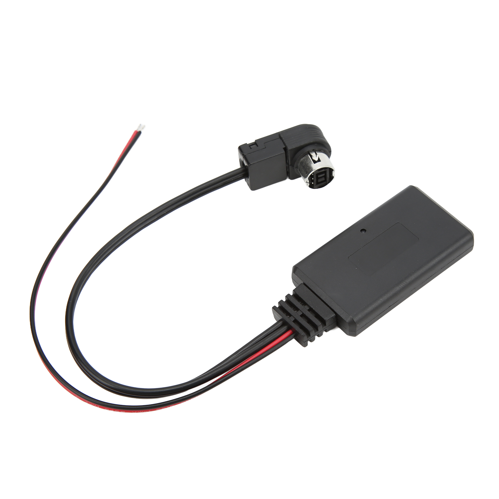 Schwarzes elektronisches Gerät mit Drähten und einem Stecker. Drähte haben rote und schwarze Farben.