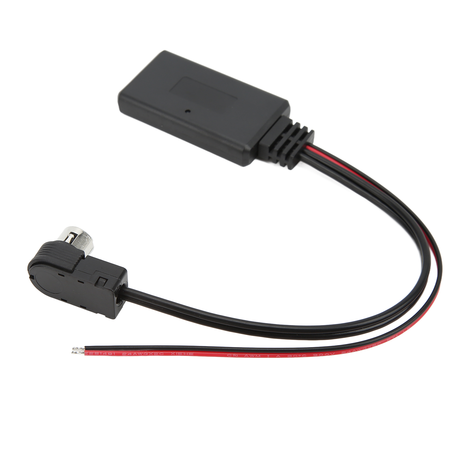 Ein schwarzer Bluetooth-Empfänger mit einem RCA-Stecker und zwei Drähten. Die Drähte sind rot und schwarz.