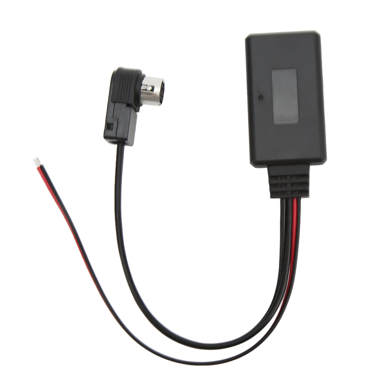 Schwarzes elektronisches Gerät mit Drähten und einem Stecker. Drähte haben rote und schwarze Farben.
