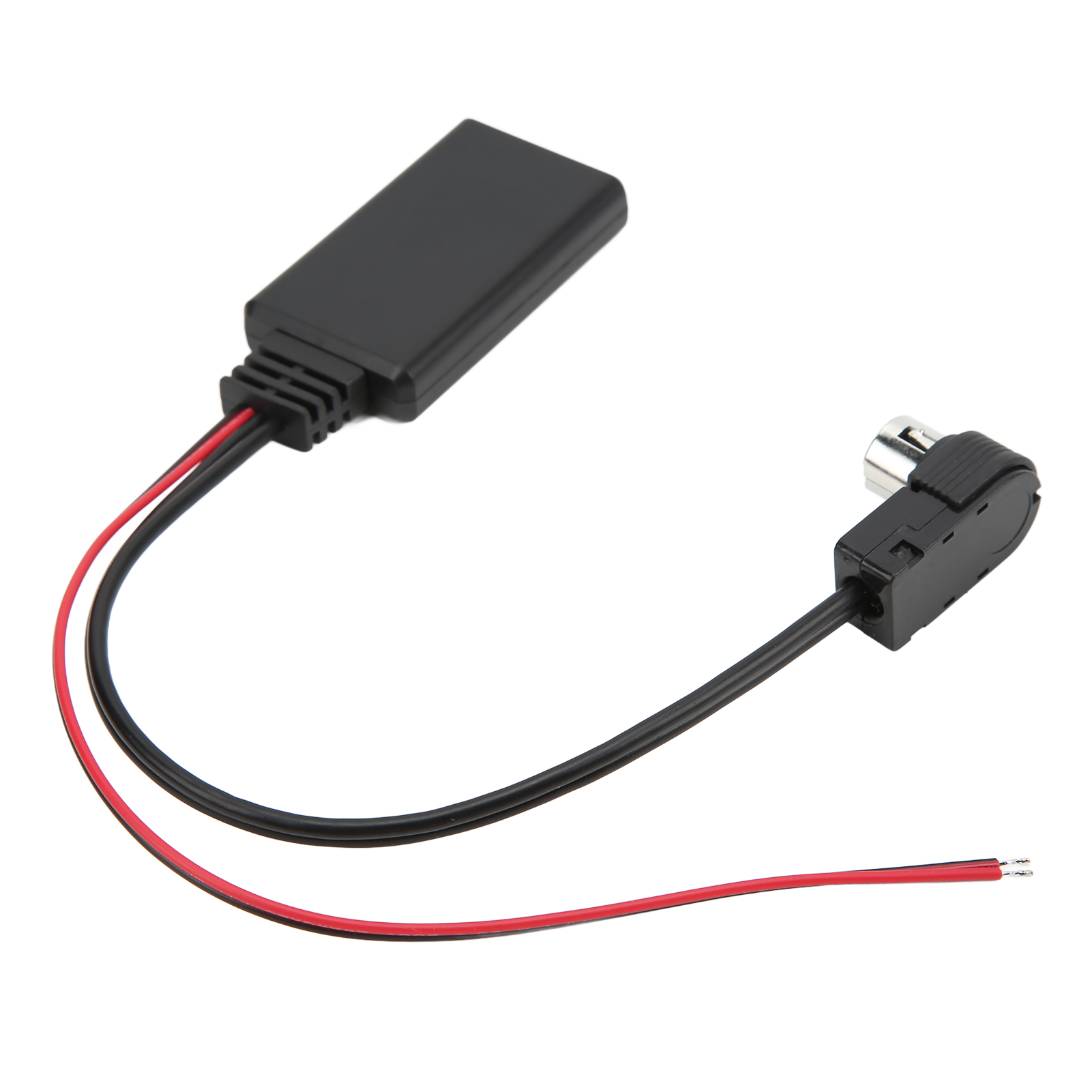 Schwarzes elektronisches Gerät mit Drähten und einem Stecker. Drähte haben rote und schwarze Farben.