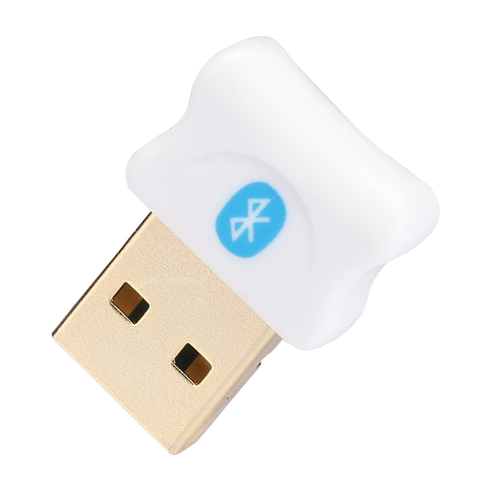Das Bild zeigt einen weißen und goldenen USB-Bluetooth-Adapter auf einem weißen Hintergrund.