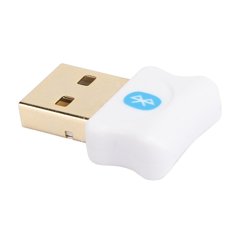 Ein weißer Bluetooth-Adapter mit einem goldenen USB-Anschluss. Er hat das Bluetooth-Logo und ein goldenes USB.