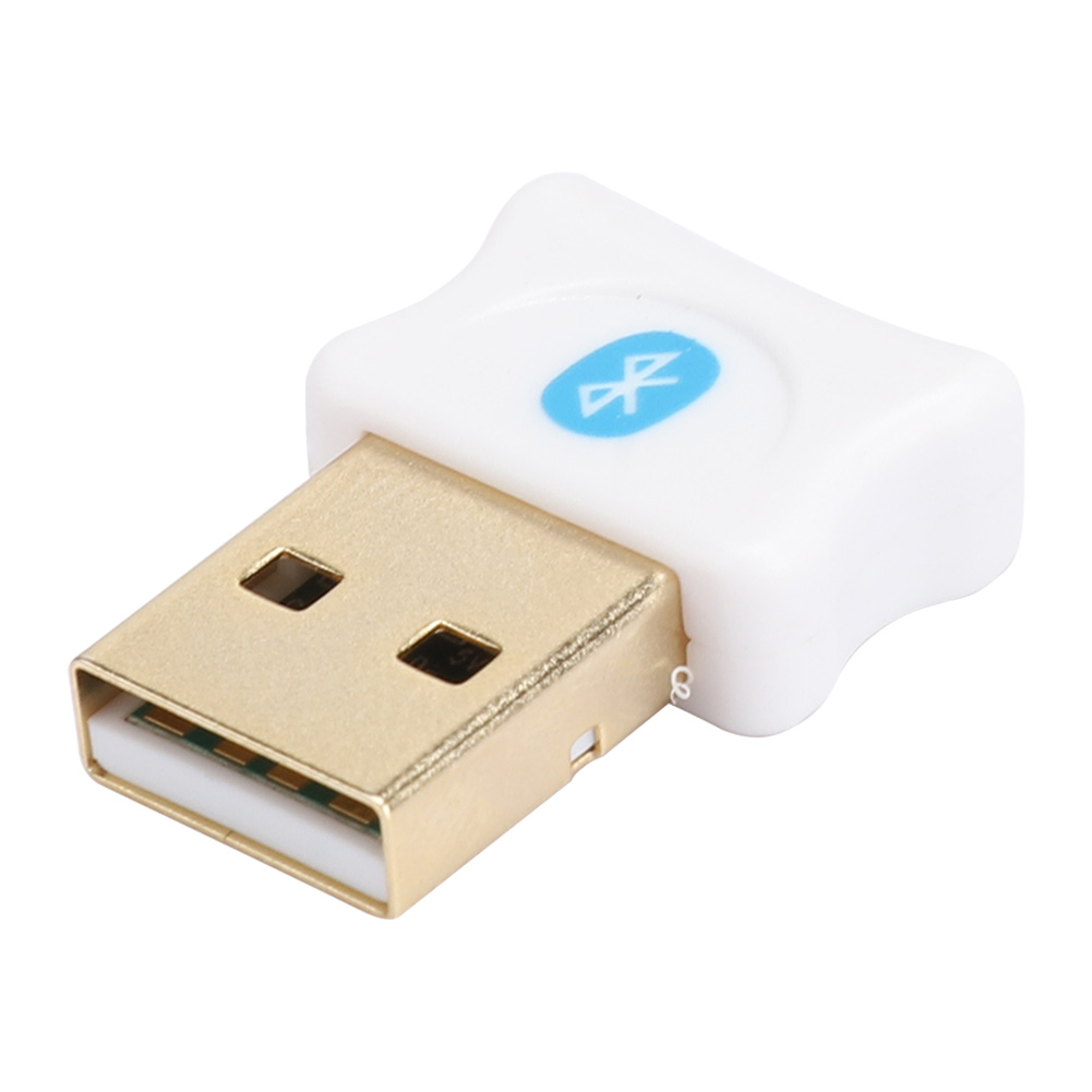 Das Bild zeigt einen weißen und goldenen USB-Bluetooth-Adapter auf einem weißen Hintergrund.